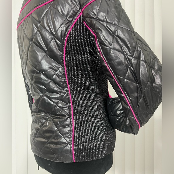 SUGARFLY Quilted Puffer Moto Jacket Coat Zip Up Pockets Black Neon Pink Medium - Picture 6 of 13